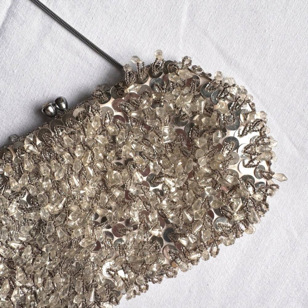 Vintage Handmade Hong Kong Beaded Crystal Sequin Evening Clutch Silver 1950s 60s
